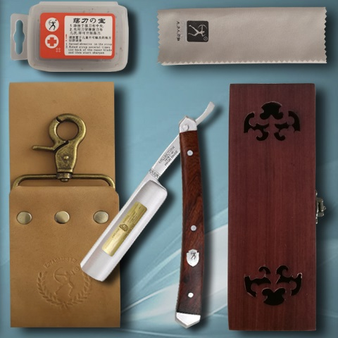 Luxury Straight Razor, Case and Strop | Samurai Steel with Mahogany Handle