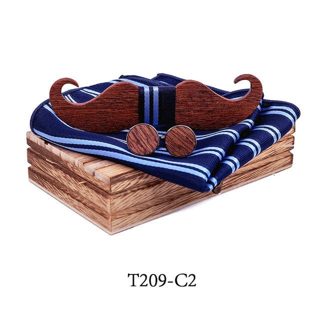 Wood Moustache Bowtie, Hankerchief and Cufflinks