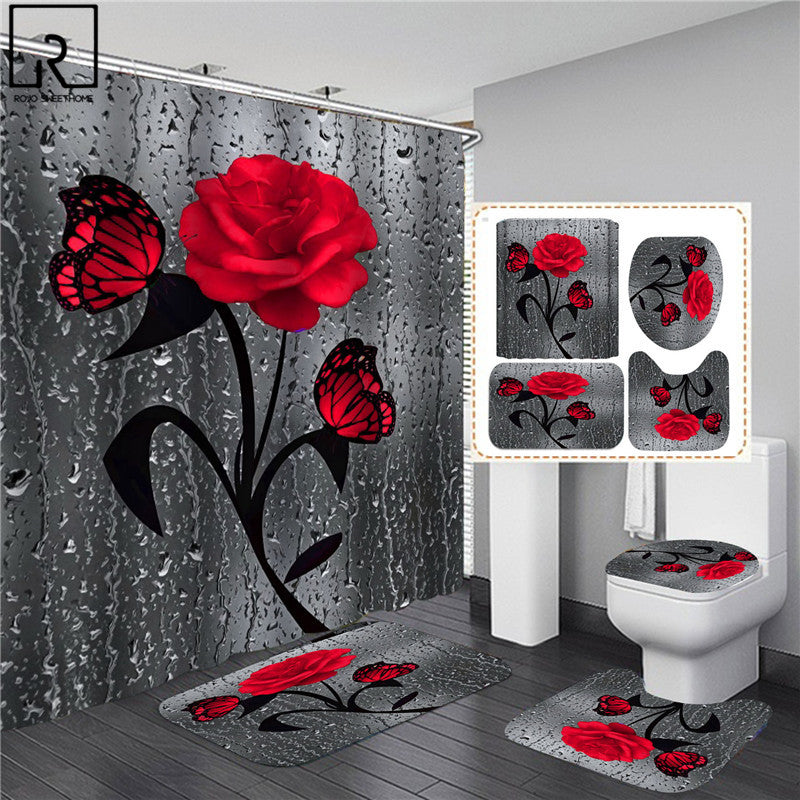 Matching Rose Bathroom Decor Set | Mat | Curtain | Seat Cover