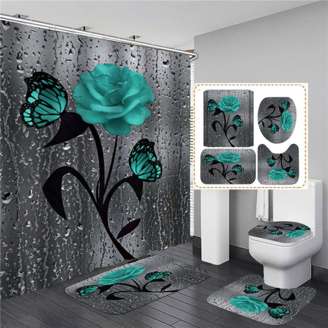 Matching Rose Bathroom Decor Set | Mat | Curtain | Seat Cover