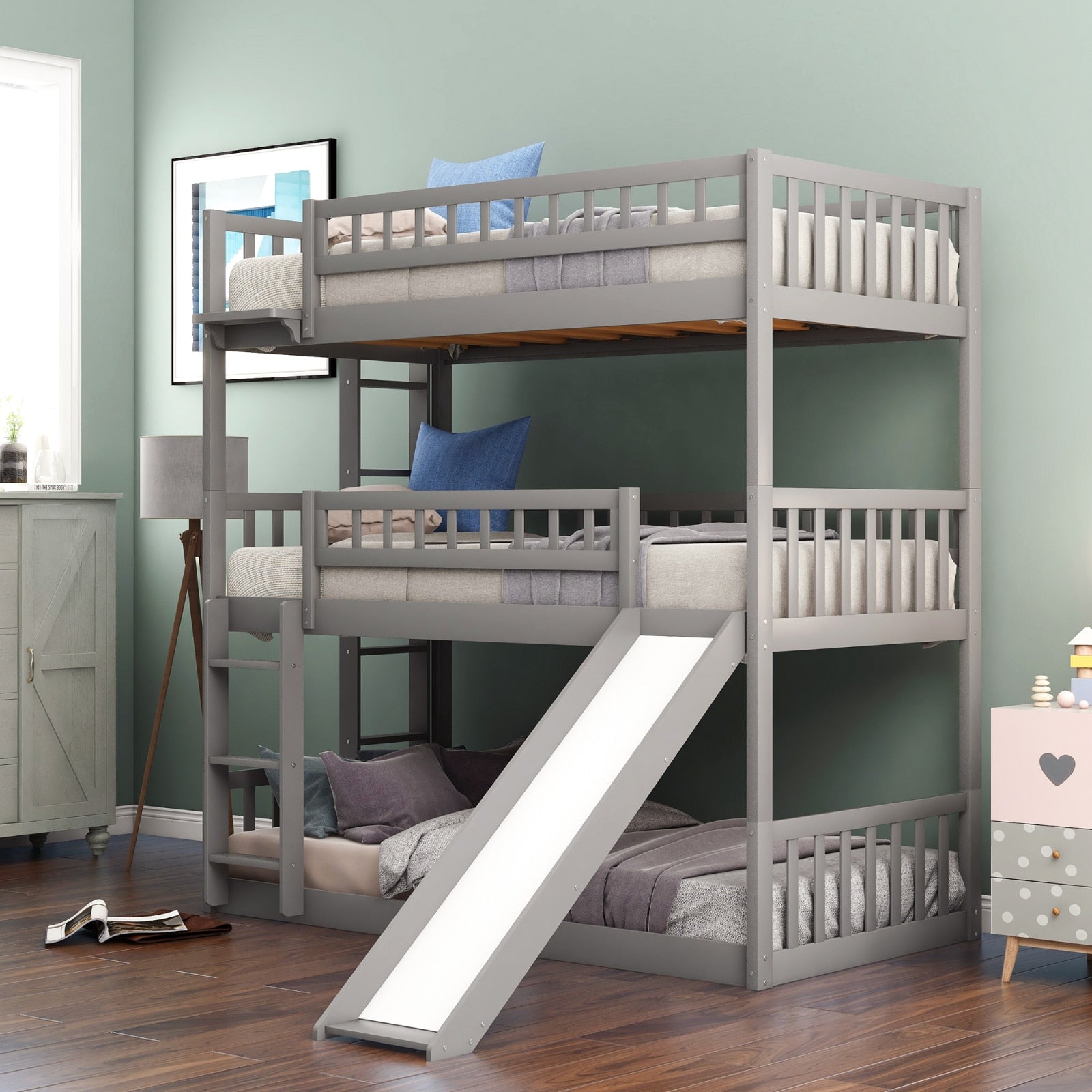 Twin-over-Twin Triple Bunk Bed with Slide - Solutiverse